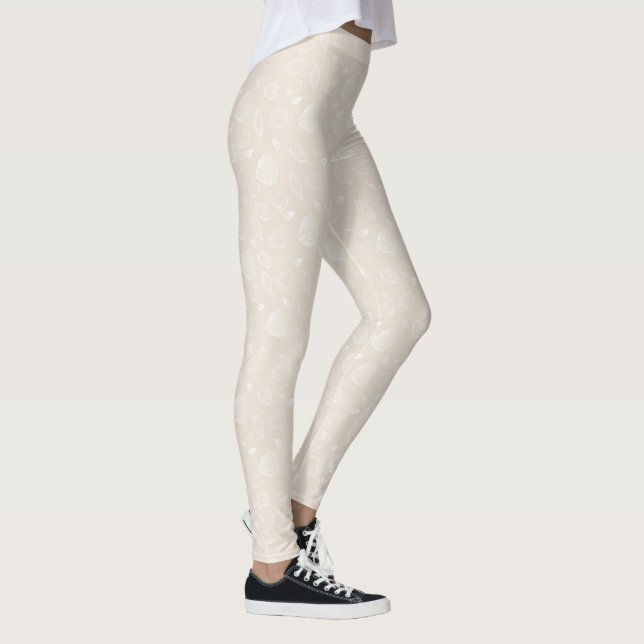Elegant White Seashells Beige Pattern Leggings (Right)