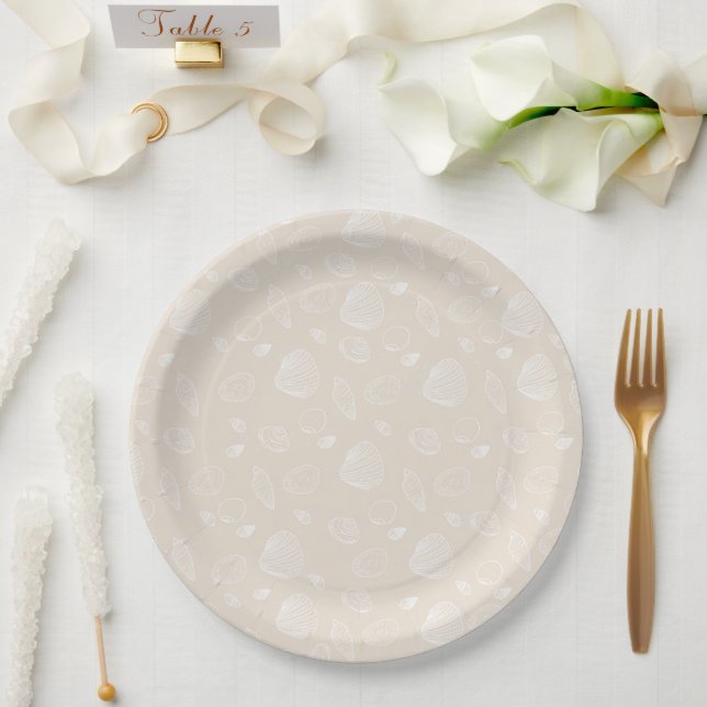 Elegant White Seashells Beige Pattern Paper Plate (Wedding)