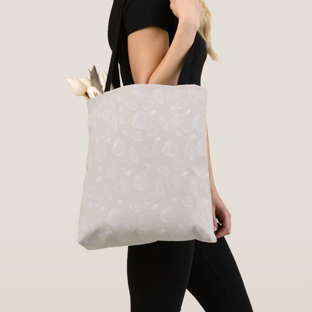 Elegant White Seashells Beige Pattern Tote Bag (Close Up)