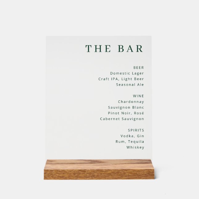 Elegant White Serif Beverage Menu Acrylic Sign (Front)