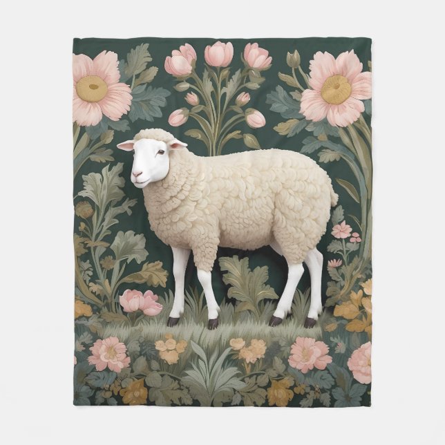 Elegant White Sheep William Morris Inspired Fleece Blanket (Front)