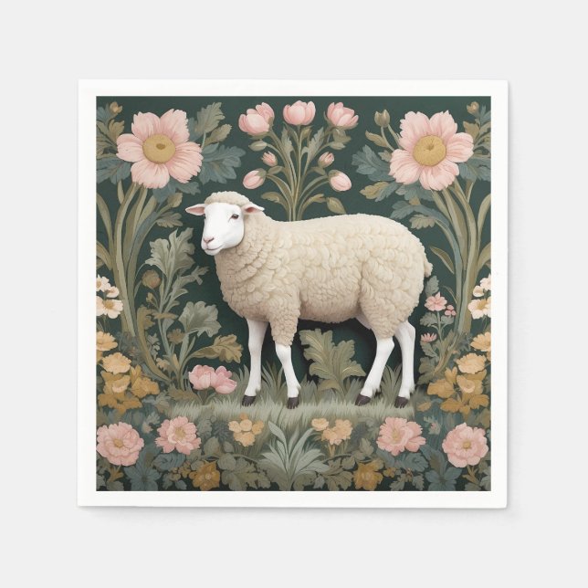 Elegant White Sheep William Morris Inspired Napkin (Front)