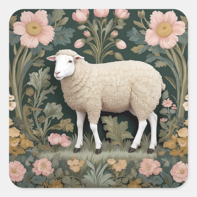 Elegant White Sheep William Morris Inspired Square Sticker (Front)