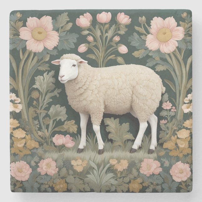 Elegant White Sheep William Morris Inspired Stone Coaster (Front)
