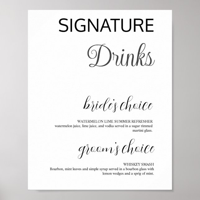 Elegant White Signature Drinks Wedding Bar Poster (Front)