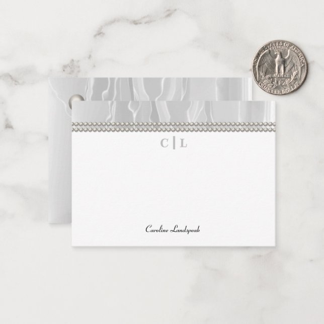 Elegant White Silk & Pearls Monogrammed Card (Front/Back In Situ)