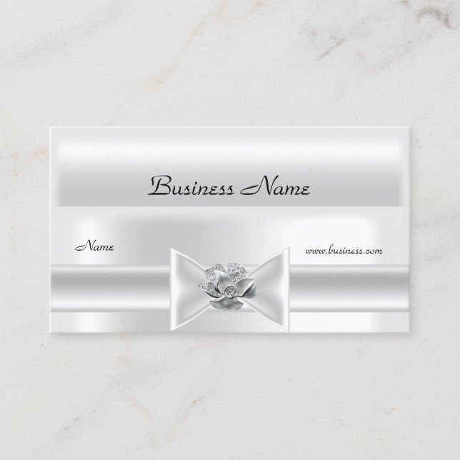 Elegant White Silk Silver Bow Jewel Business Card (Front)
