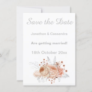ELEGANT WHITE SILVER APRICOT FLORAL SAVE THE DATE