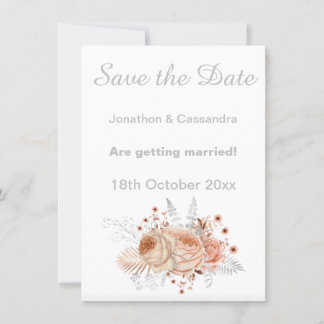 ELEGANT WHITE SILVER APRICOT FLORAL SAVE THE DATE