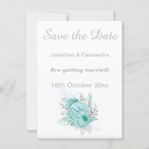 ELEGANT WHITE SILVER AQUA FLORAL SAVE THE DATE