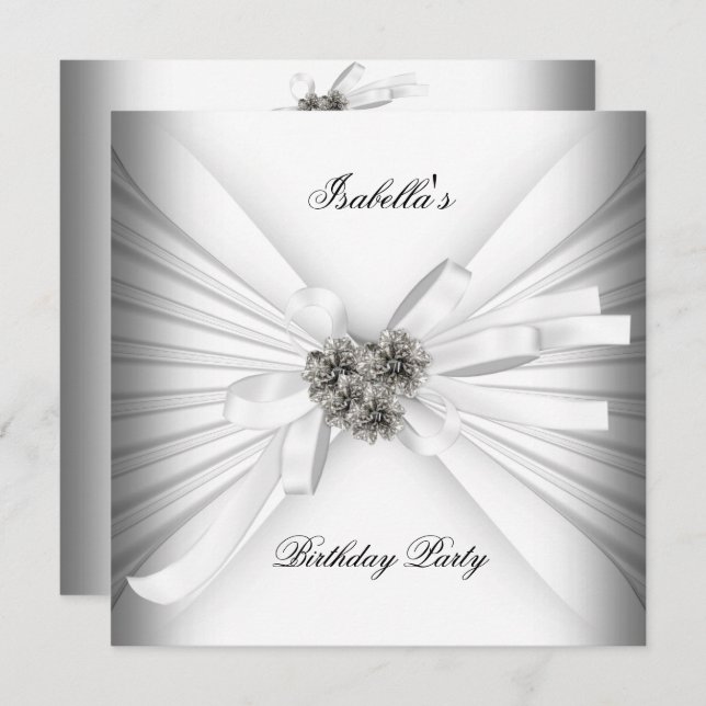 Elegant White Silver Birthday Party Invitation (Front/Back)
