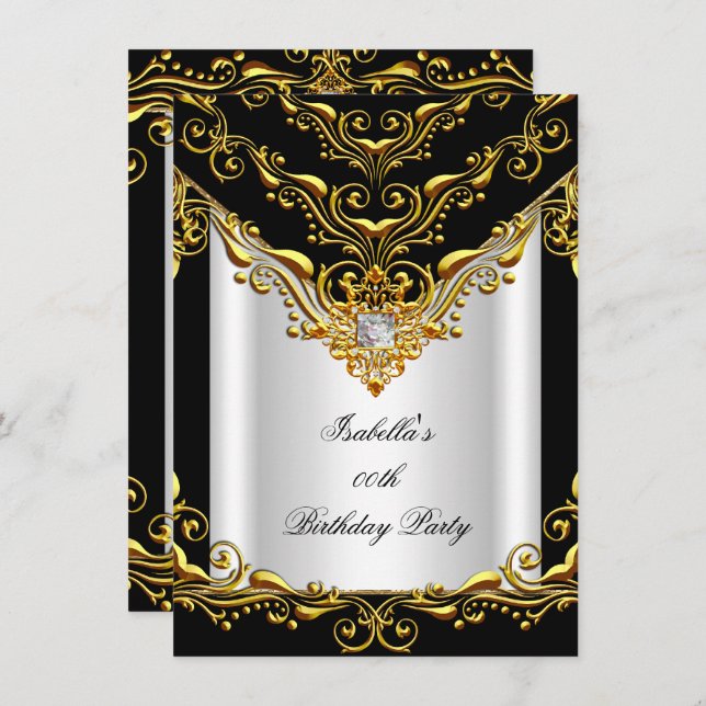 Elegant White Silver Black Gold Birthday Party Invitation (Front/Back)