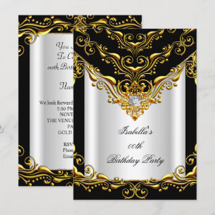 Elegant White Silver Black Gold Birthday Party Invitation