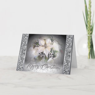 Elegant White & Silver Christmas Poinsettia Holiday Card