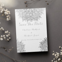 Elegant white silver floral mandala Save The Date