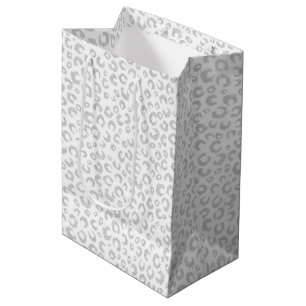 Elegant White Silver Glitter Leopard Animal Print Medium Gift Bag