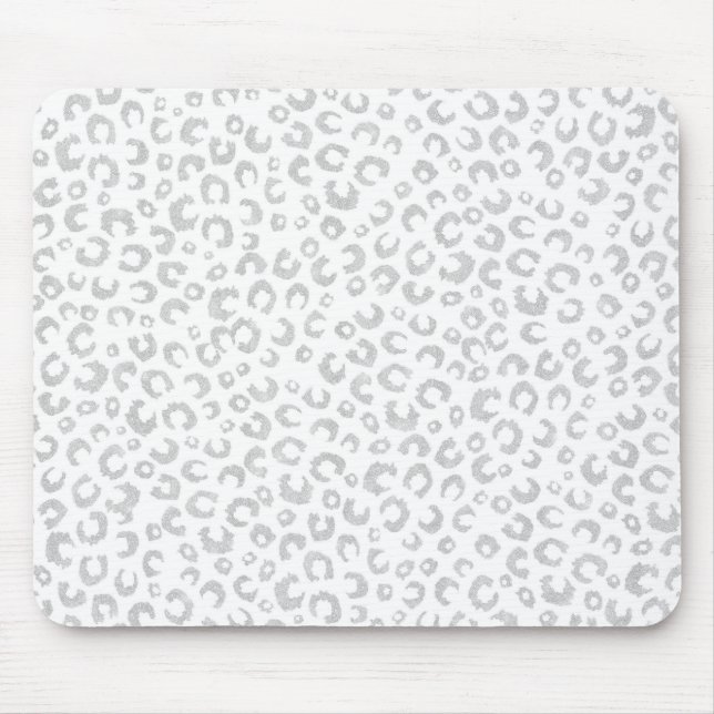 Elegant White Silver Glitter Leopard Animal Print Mouse Pad (Front)