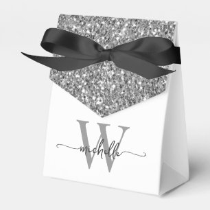 Elegant White Silver Glitter Monogram Name Script Favour Box