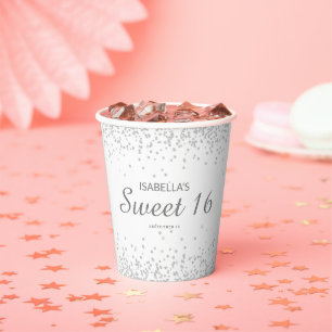 Elegant White Silver Glitter Sweet 16 Name Paper Cups