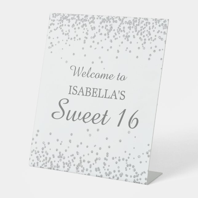 Elegant White Silver Glitter Sweet 16 Welcome Name Pedestal Sign (Front)