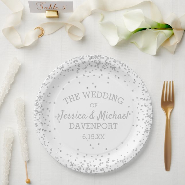 Elegant White Silver Glitter Wedding Reception Paper Plate (Wedding)
