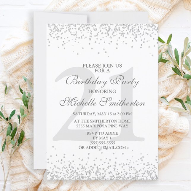 Elegant White Silver Grey Glitter 21st Birthday  Invitation (Creator Uploaded)