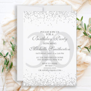 Elegant White Silver Grey Glitter 30th Birthday Invitation