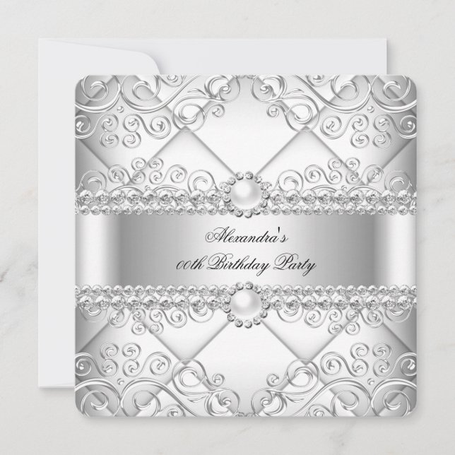 Elegant White Silver Lace Pearl Birthday Party Invitation (Front)