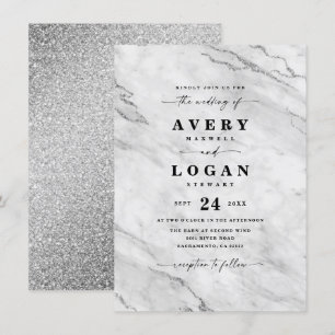 Elegant White & Silver Marble & Glitter Wedding Invitation