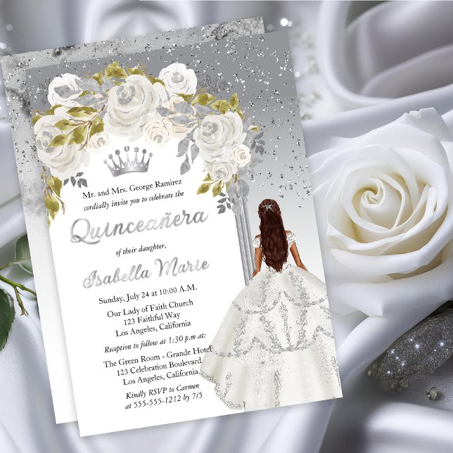 Elegant White Silver Rose Floral Quinceañera Party (Elegant White Rose | Silver Floral Princess-Theme Brunette Dk Haired Quinceañera Foil Invitation)