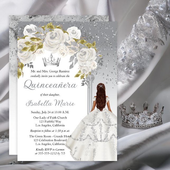 Elegant White Silver Rose Floral Quinceañera Party Invitation (Elegant White Rose | Silver Floral Princess-Theme Brunette Dk Haired Quinceañera Invitation)