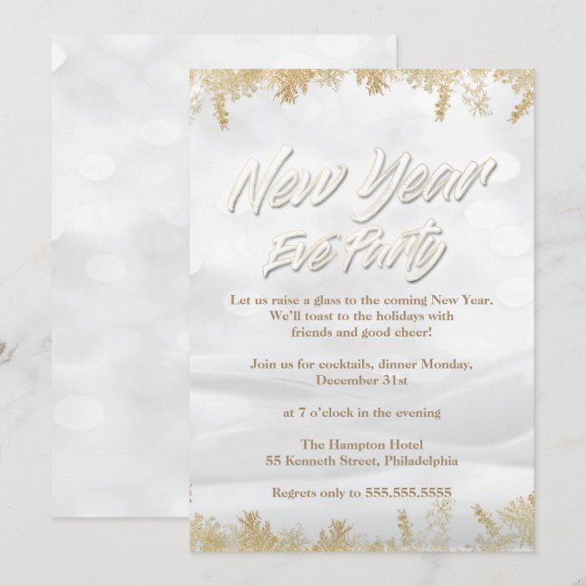 Elegant White Snow & Gold New Years Eve Party Invitation (Front/Back)