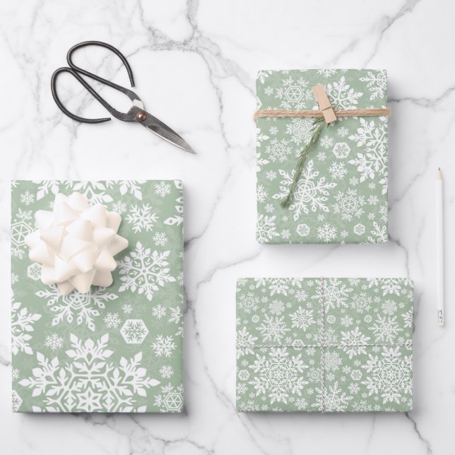 Elegant White Snowflake (Sage Pine) Wrapping Paper Sheet (Front)