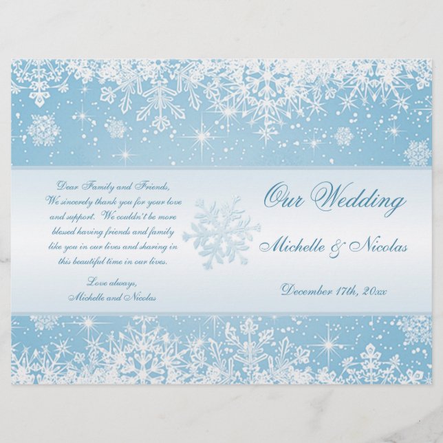 Elegant white snowflakes on blue  Wedding Program (Front)