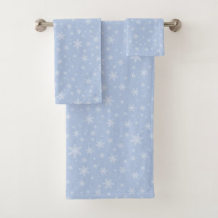 Elegant White Snowflakes on Light Blue Bath Towel