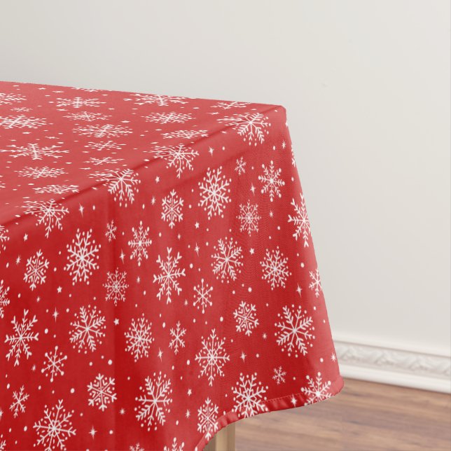 Elegant white snowflakes on red background tablecloth (In Situ)