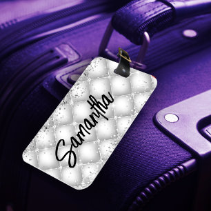 Elegant white sparkly glitter bridal anniversary luggage tag
