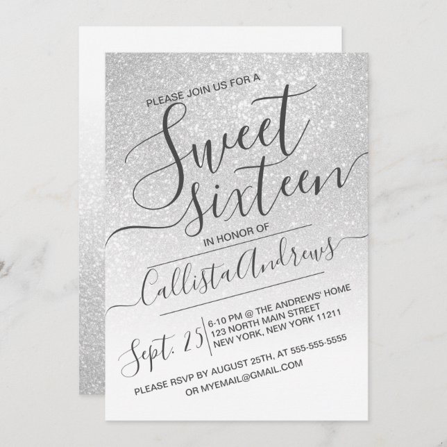 Elegant White Sparkly Glitter Ombre Sweet 16 Invitation (Front/Back)