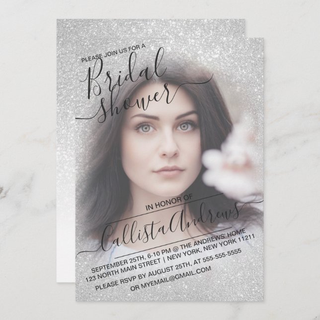 Elegant White Sparkly Glitter Photo Bridal Shower Invitation (Front/Back)