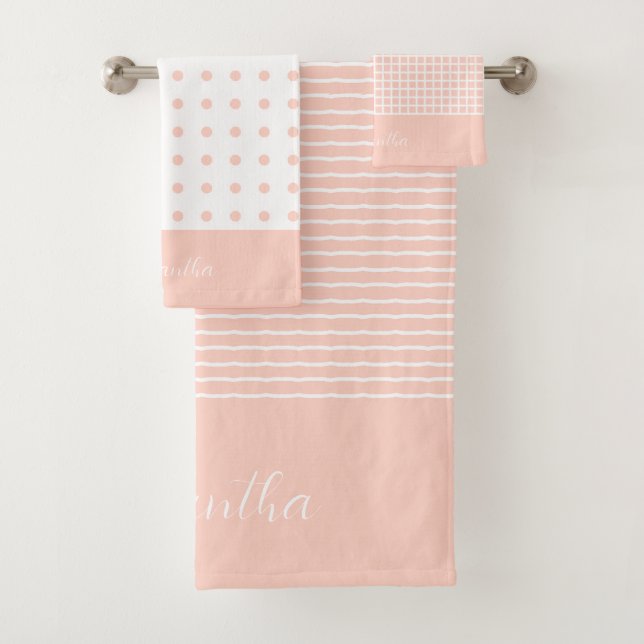 Elegant White Stripe and Check Pink Polka Dot  Bath Towel Set (Insitu)