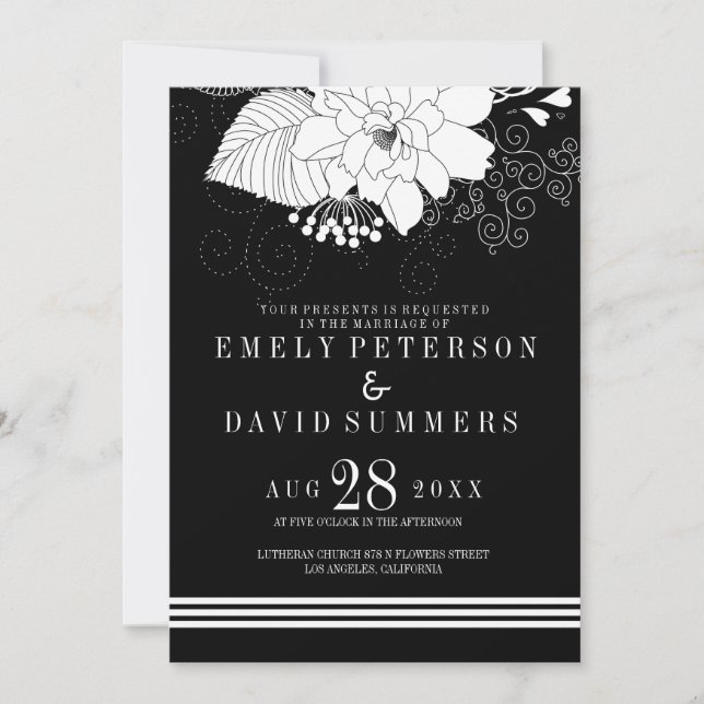 Elegant White Stripes And Flowers Wedding Invitation (Front)