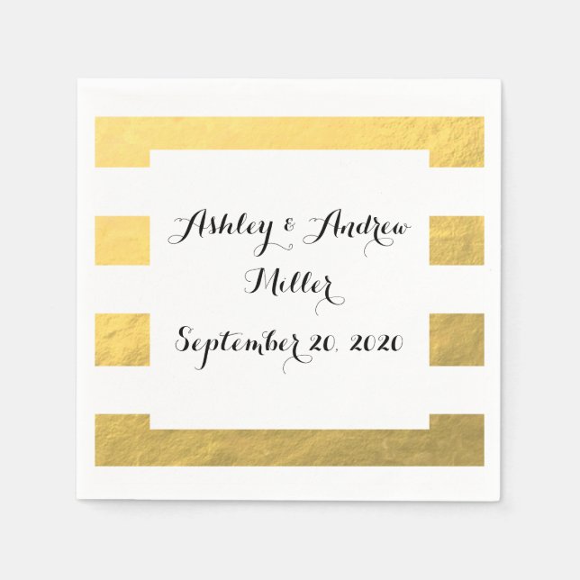 Elegant White Stripes Gold Foil Printed Napkin (Front)