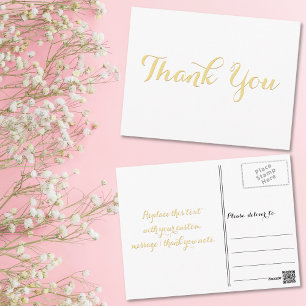 Elegant White Stylish Faux Gold Script Thank You Postcard