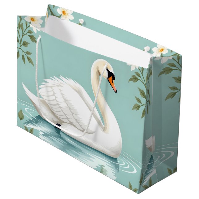 Elegant white swan floral blue large gift bag (Front Angled)