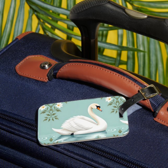 Elegant white swan floral blue luggage tag (Front Insitu 3)