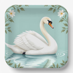Elegant white swan floral blue paper plate