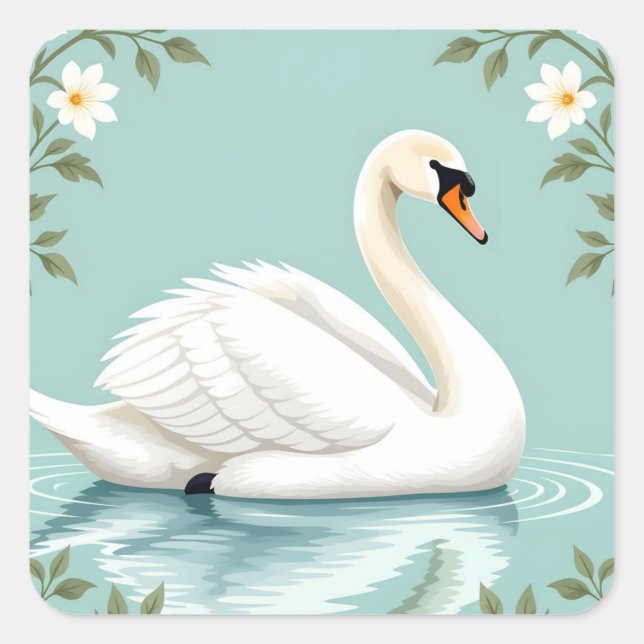 Elegant white swan floral blue square sticker (Front)
