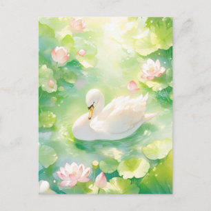 Elegant White Swan in Luminous Lotus Pond Postcard