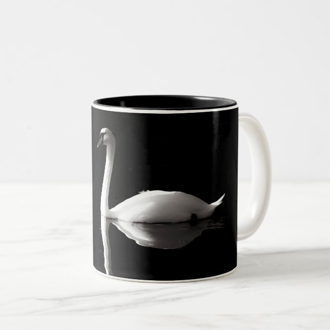 Elegant White Swan Reflection On Black Lake Two-Tone Coffee Mug (Front Right)