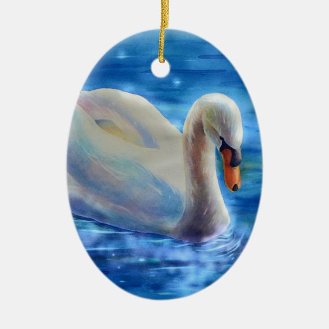 Elegant white swan watercolor painting ceramic tree decoration (Front)